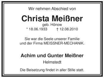 Todesanzeige von Christa Meißner von ALLGEMEINE ZEITUNG UELZEN