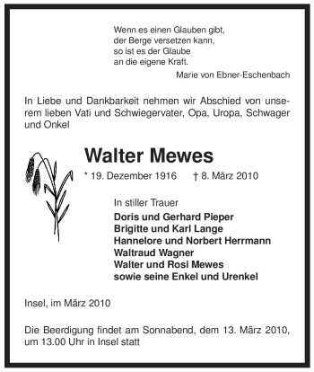 Todesanzeige von Walter Mewes von ALLGEMEINE ZEITUNG UELZEN
