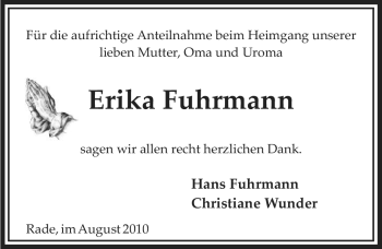 Todesanzeige von Erika Fuhrmann von ALLGEMEINE ZEITUNG UELZEN