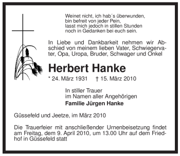 Todesanzeige von Hernert Hanke von ALLGEMEINE ZEITUNG UELZEN