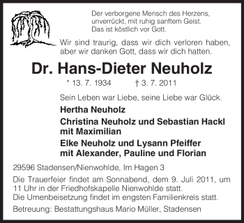 Todesanzeige von Hans-Dieter Neuholz von ALLGEMEINE ZEITUNG UELZEN