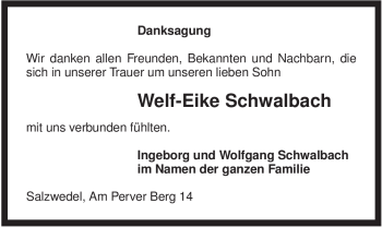 Todesanzeige von Welf-Eike Schwalbach von ALLGEMEINE ZEITUNG UELZEN