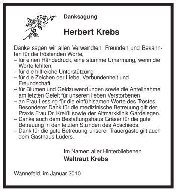 Todesanzeige von Herbert Krebs von ALLGEMEINE ZEITUNG UELZEN