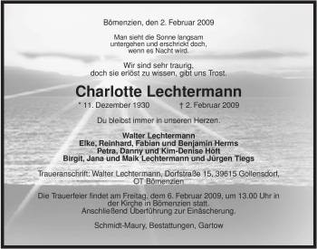 Todesanzeige von Charlotte Lechtermann von ALLGEMEINE ZEITUNG UELZEN