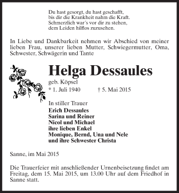 Todesanzeige von Helga Dessaules von Uelzen