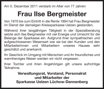 Todesanzeige von Ilse Bergmeister von ALLGEMEINE ZEITUNG UELZEN