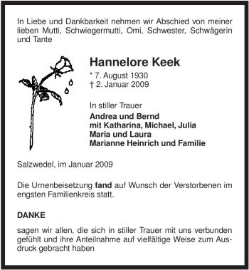 Todesanzeige von Hannelore Keek von ALLGEMEINE ZEITUNG UELZEN