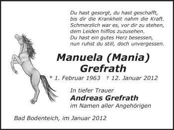 Todesanzeige von Manuela Grefrath von ALLGEMEINE ZEITUNG UELZEN