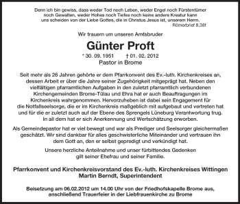 Todesanzeige von Günter Proft von ALLGEMEINE ZEITUNG UELZEN
