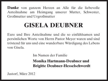 Todesanzeige von Gisela Deubner von ALLGEMEINE ZEITUNG UELZEN