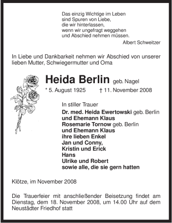 Todesanzeige von Heida Berlin von ALLGEMEINE ZEITUNG UELZEN