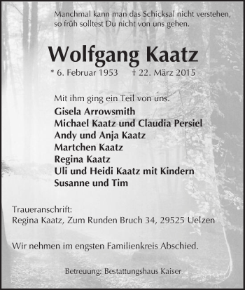Todesanzeige von Wolfgang Kaatz von Uelzen
