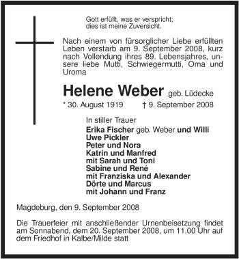 Todesanzeige von Helene Weber von ALLGEMEINE ZEITUNG UELZEN