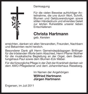 Todesanzeige von Christa Hartmann von ALLGEMEINE ZEITUNG UELZEN