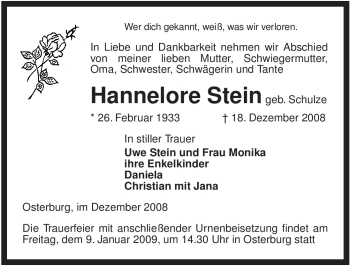 Todesanzeige von Hannelore Stein von ALLGEMEINE ZEITUNG UELZEN
