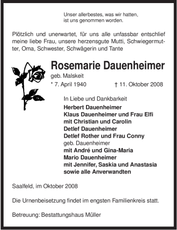 Todesanzeige von Rosemarie Dauenheimer von ALLGEMEINE ZEITUNG UELZEN