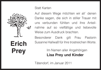 Todesanzeige von Erich Prey von ALLGEMEINE ZEITUNG UELZEN