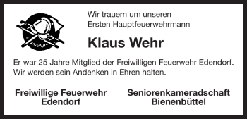 Todesanzeige von Klaus Wehr von ALLGEMEINE ZEITUNG UELZEN