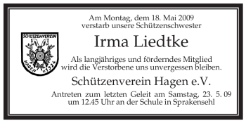 Todesanzeige von Irma Liedtke von ALLGEMEINE ZEITUNG UELZEN