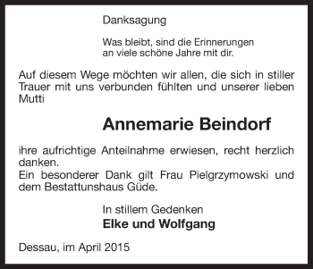 Todesanzeige von Annemarie Beindorf von Uelzen