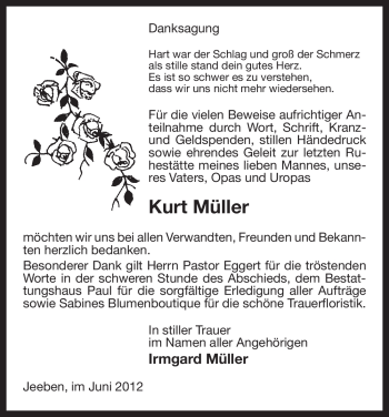 Todesanzeige von Kurt Müller von ALLGEMEINE ZEITUNG UELZEN