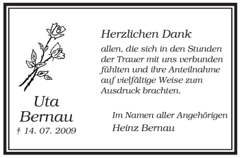 Todesanzeige von Uta Bernau von ALLGEMEINE ZEITUNG UELZEN
