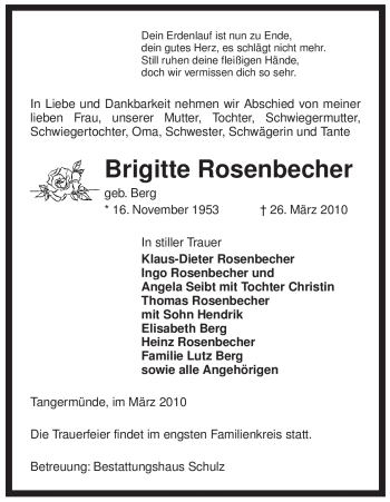 Todesanzeige von Brigitte Rosenbecher von ALLGEMEINE ZEITUNG UELZEN