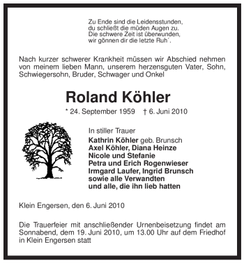Todesanzeige von Roland Köhler von ALLGEMEINE ZEITUNG UELZEN