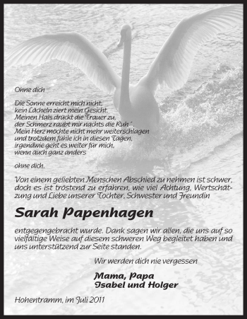Todesanzeige von Sarah Papenhagen von ALLGEMEINE ZEITUNG UELZEN