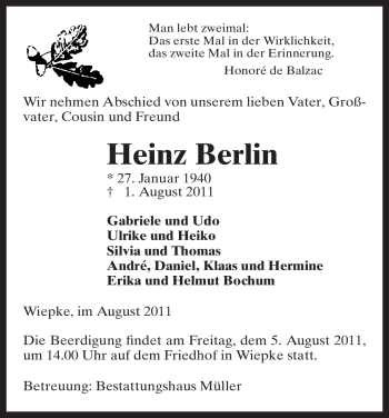 Todesanzeige von Heinz Berlin von ALLGEMEINE ZEITUNG UELZEN