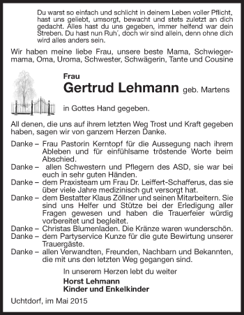 Todesanzeige von Gertrud Lehmann von Uelzen