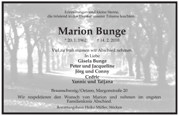 Todesanzeige von Marion Bunge von ALLGEMEINE ZEITUNG UELZEN