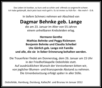 Todesanzeige von Dagmar Behnke von ALLGEMEINE ZEITUNG UELZEN