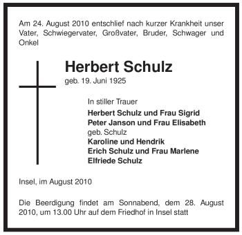 Todesanzeige von Herbert Schulz von ALLGEMEINE ZEITUNG UELZEN