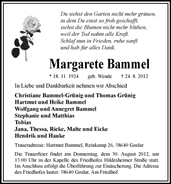 Todesanzeige von Margarete Bammel von Uelzen