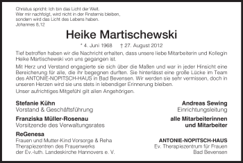 Todesanzeige von Heike Martischewski von Uelzen