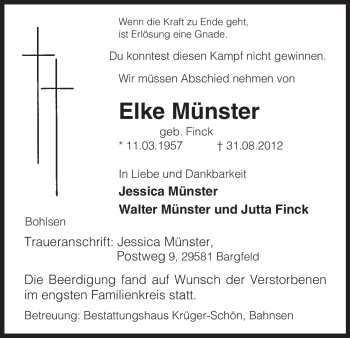 Todesanzeige von Elke Münster von Uelzen