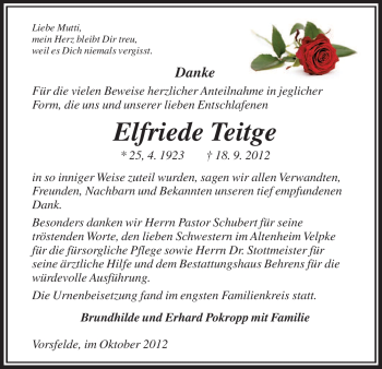 Todesanzeige von Elfriede Teitge von Uelzen