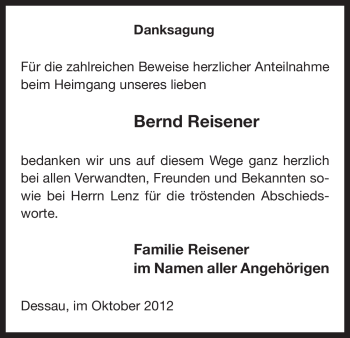 Todesanzeige von Bernd Reisener von Uelzen