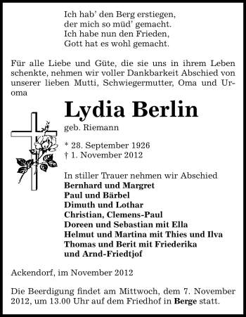 Todesanzeige von Lydia Berlin von Uelzen