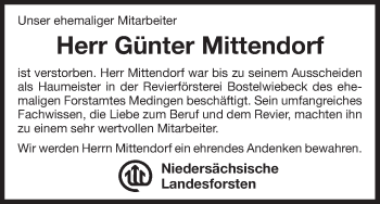 Todesanzeige von Günter Mittendorf von Uelzen