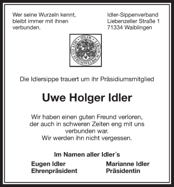 Todesanzeige von Uwe Holger Idler von Uelzen