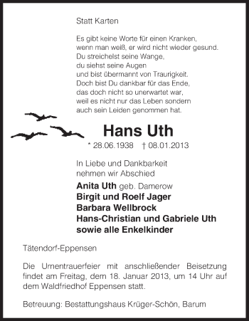 Todesanzeige von Hans Uth von Uelzen