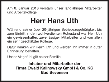 Todesanzeige von Hans Uth von Uelzen