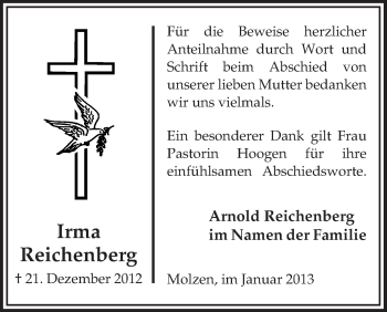Todesanzeige von Irma Reichenberg von Uelzen