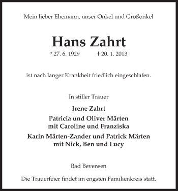 Todesanzeige von Hans Zahrt von Uelzen