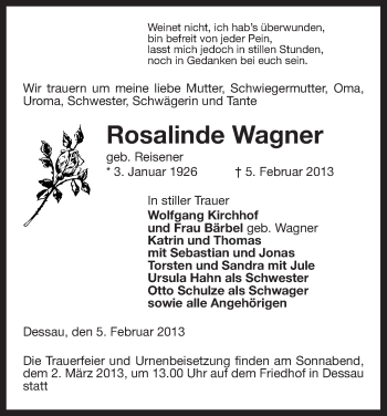 Todesanzeige von Rosalinde Wagner von Uelzen