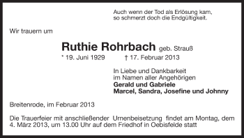 Todesanzeige von Ruthie Rohrbach von Uelzen