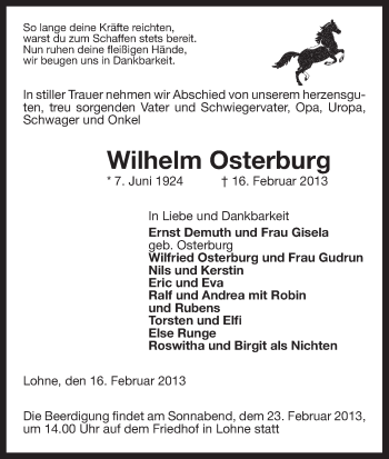 Todesanzeige von Wilhelm Osterburg von Uelzen