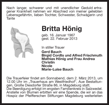 Todesanzeige von Britta Hönig von Uelzen